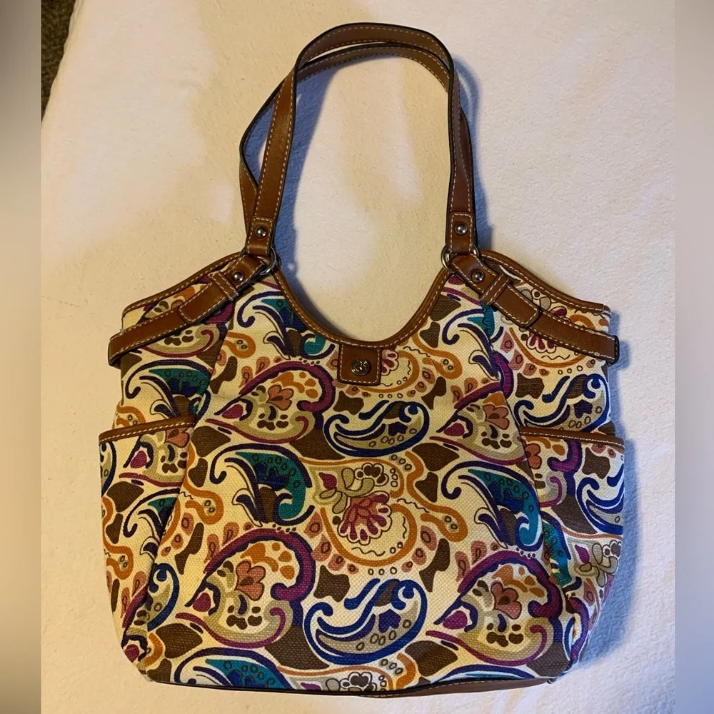 Abstract Paisley Relic coated canvas shoulder bag, vegan leather trim, Looks new